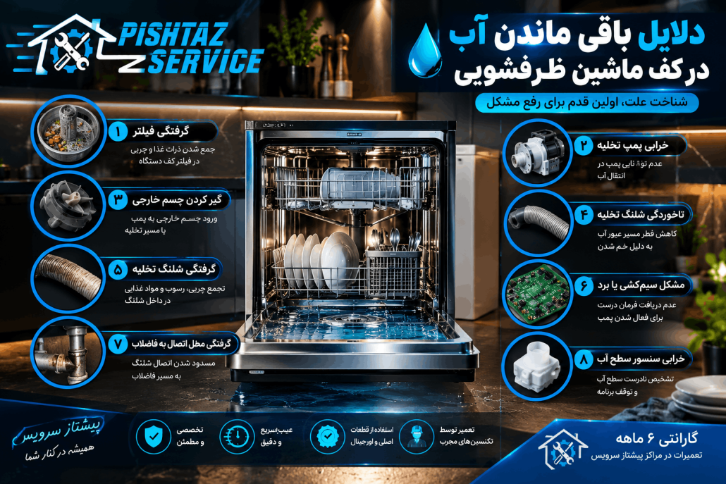 علت باقی ماندن آب در کف ماشین ظرفشویی