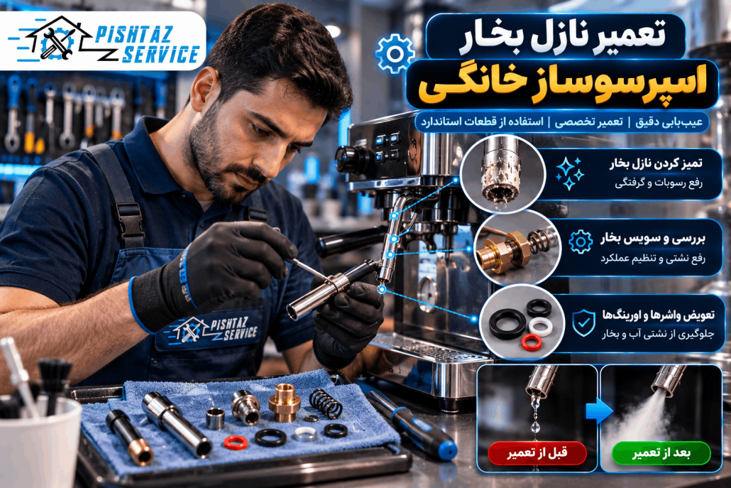 علت آب دادن نازل بخار اسپرسوساز